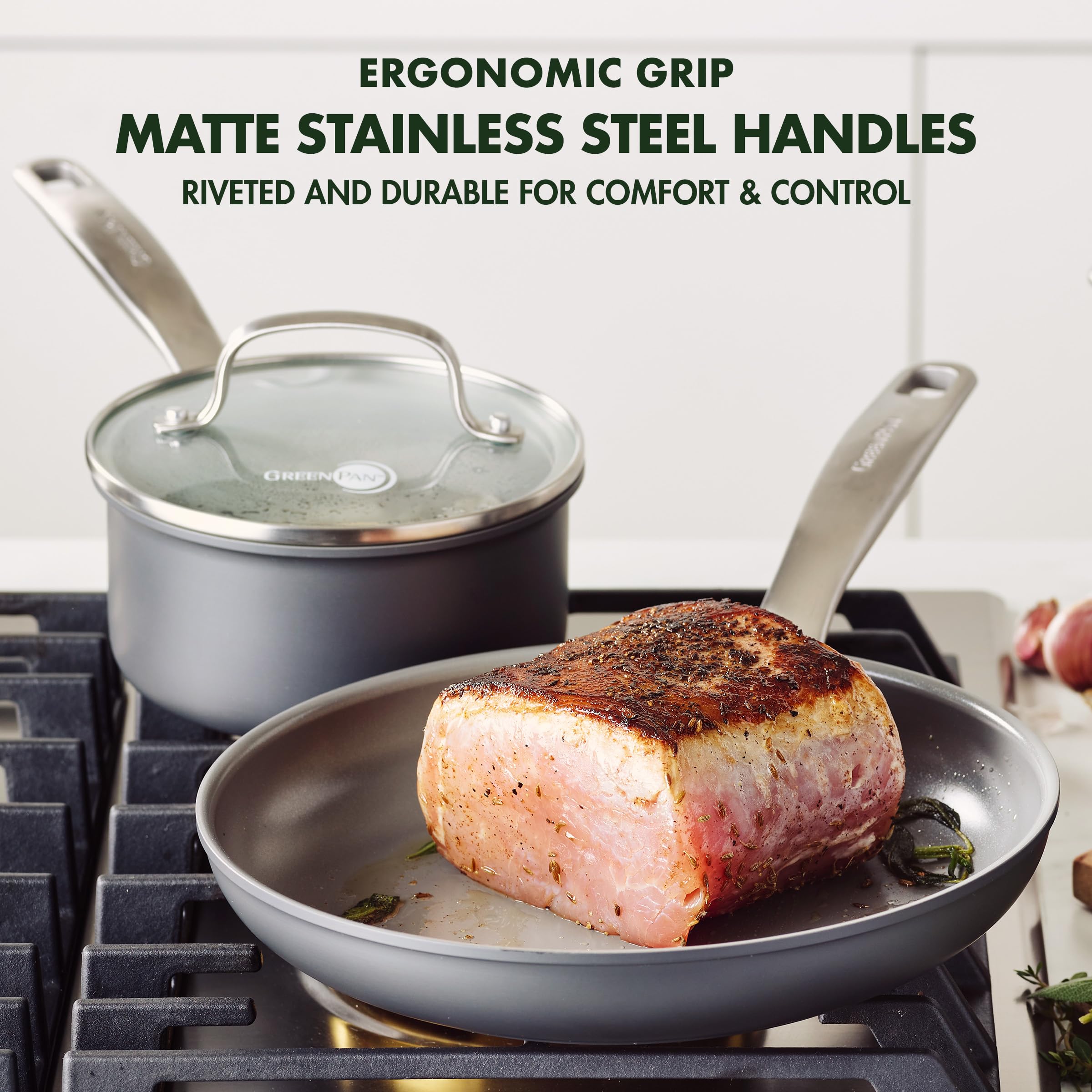 GreenPan hard-anodized side profile showing scratch-resistant armored body