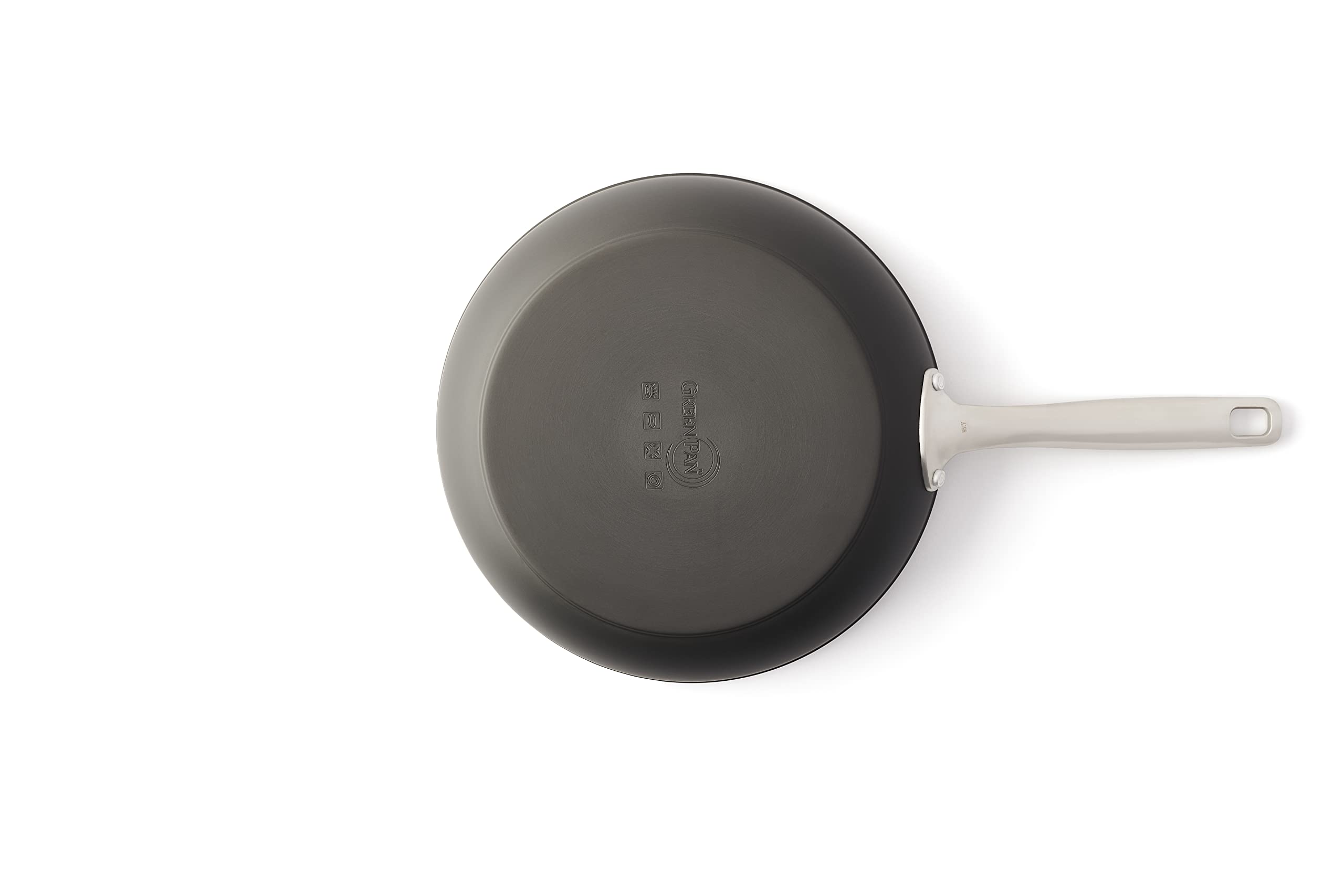 GreenPan Chatham pan beside hand for scale showing lightweight, easy handling