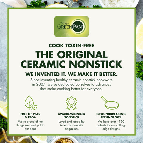 GreenPan Dover handle with hand for scale and ergonomic grip that stays cool while cooking