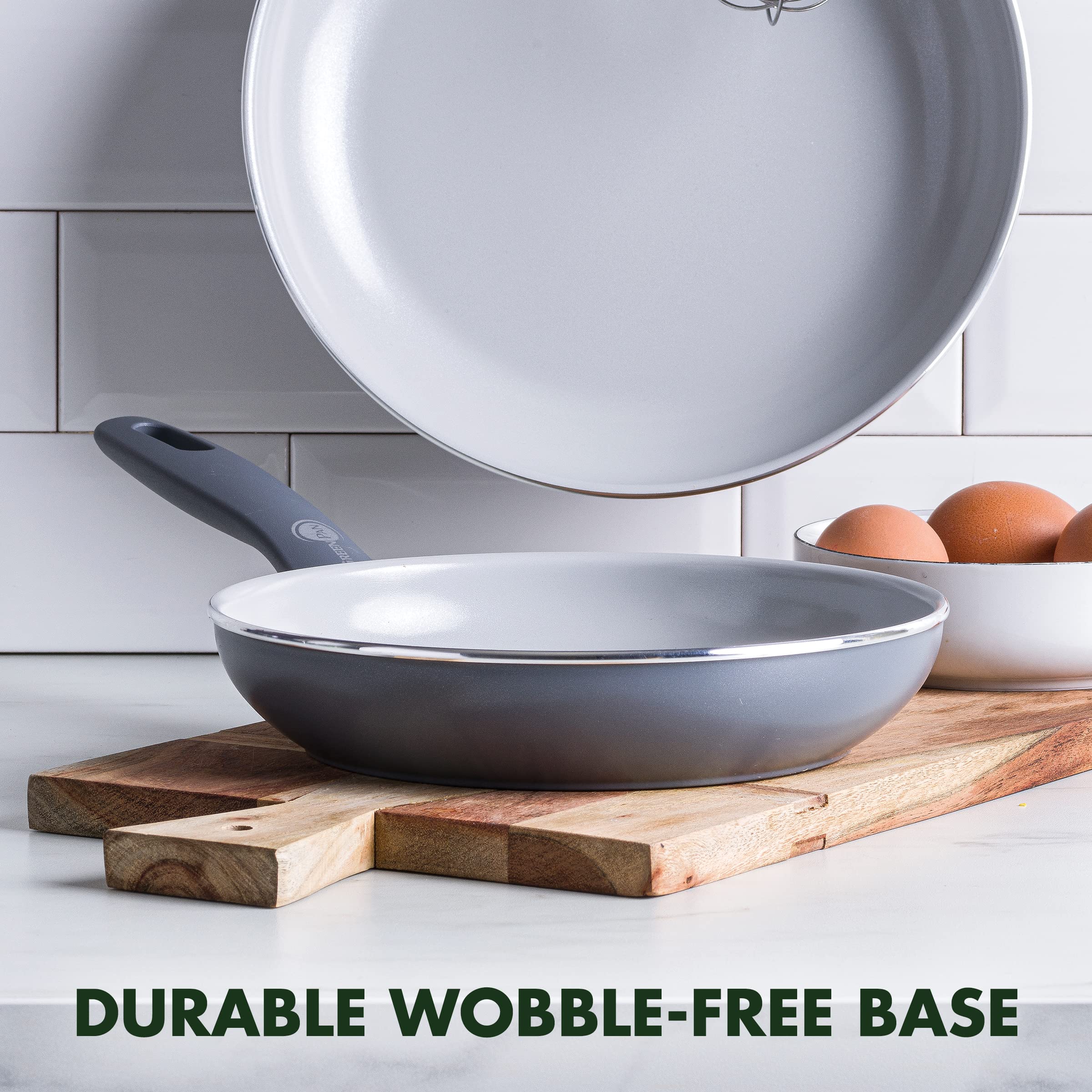 GreenPan Dover skillet in use cooking eggs to demonstrate even heating and easy release