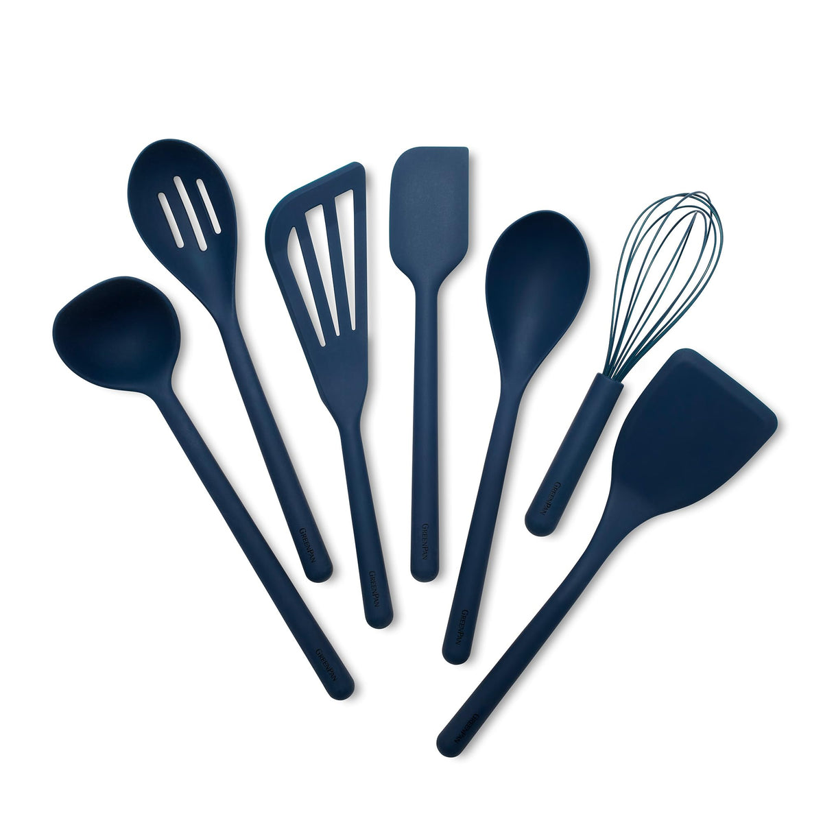 GreenPan front view of blue 7-piece set showing all utensils and packaging, clear organization benefit