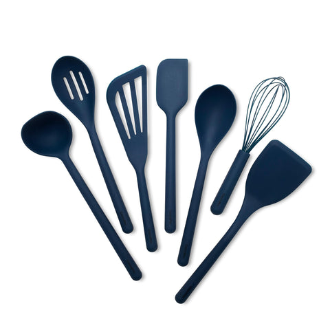 GreenPan front view of blue 7-piece set showing all utensils and packaging, clear organization benefit