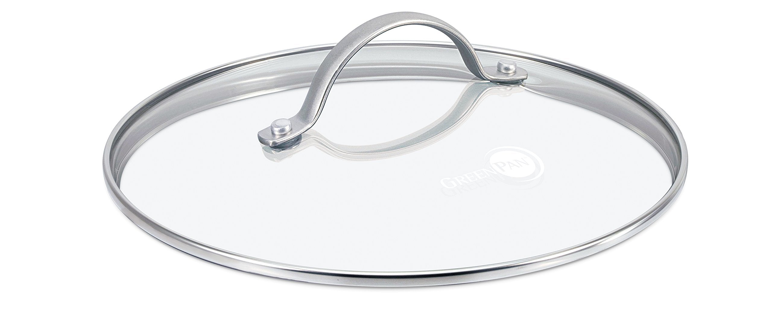 GreenPan glass lid front view showing clear tempered glass and snug rim for better heat retention