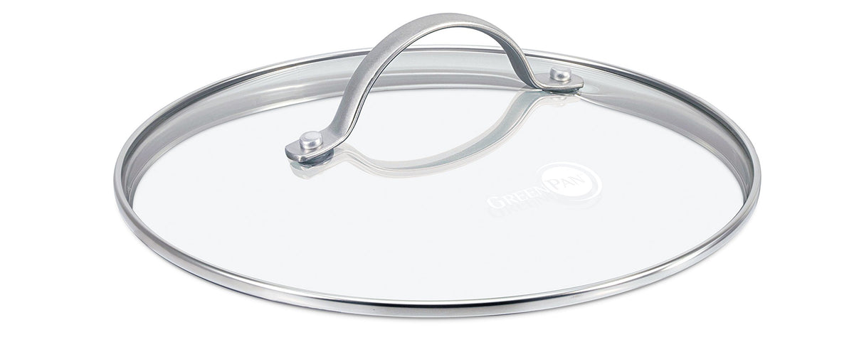GreenPan glass lid front view showing clear tempered glass and snug rim for better heat retention