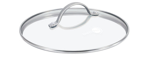GreenPan glass lid front view showing clear tempered glass and snug rim for better heat retention