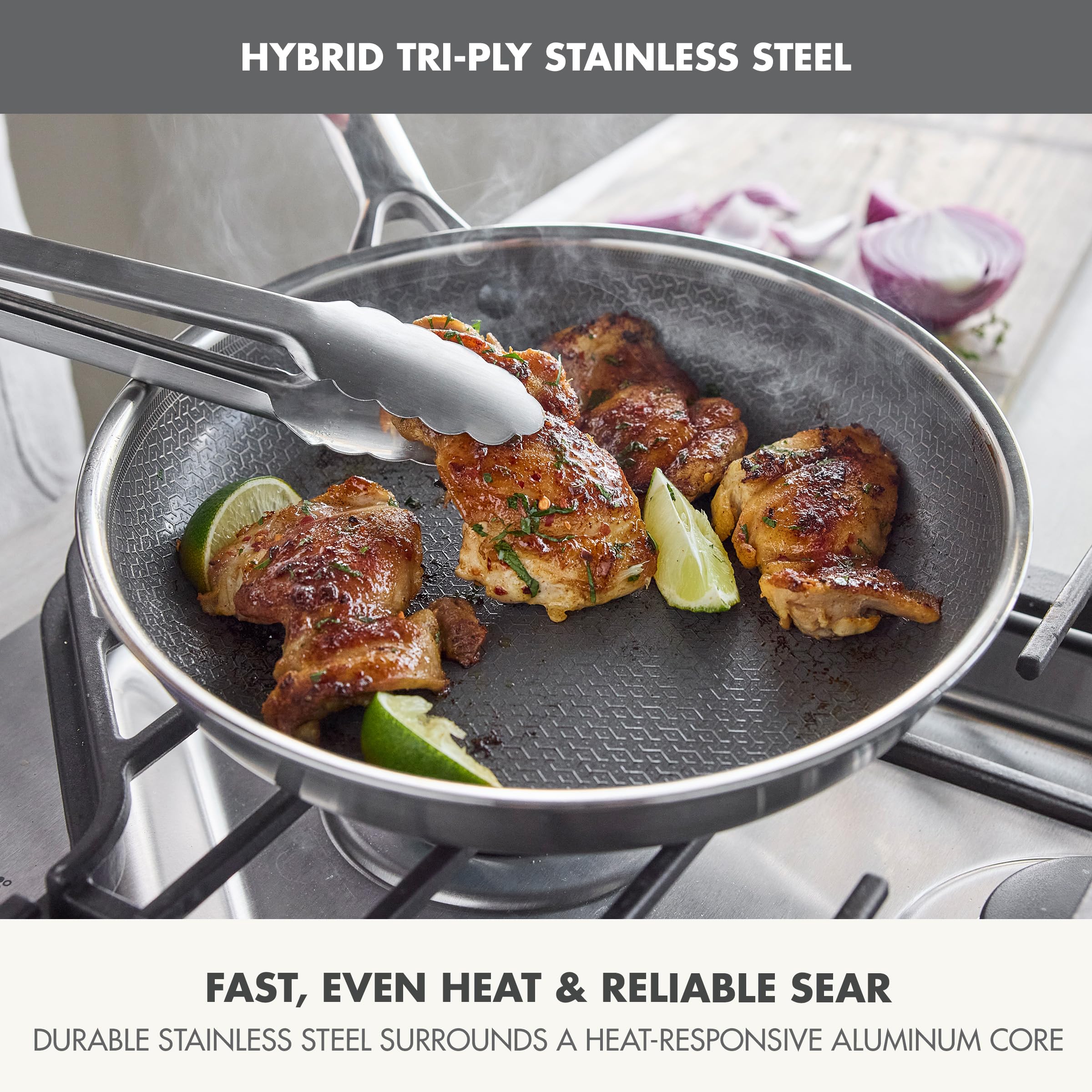 GreenPan hybrid searing steak to demonstrate high-heat browning benefit