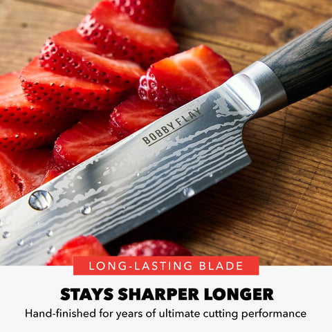 GreenPan knife held in hand mid-cut showing precise control benefit