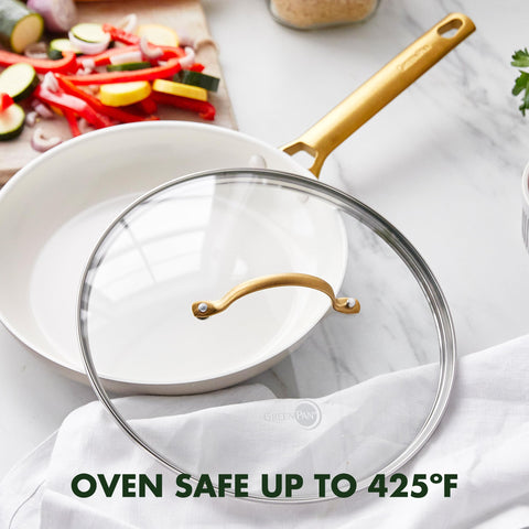 GreenPan lid in oven illustrating oven-safe use up to 390°F benefit