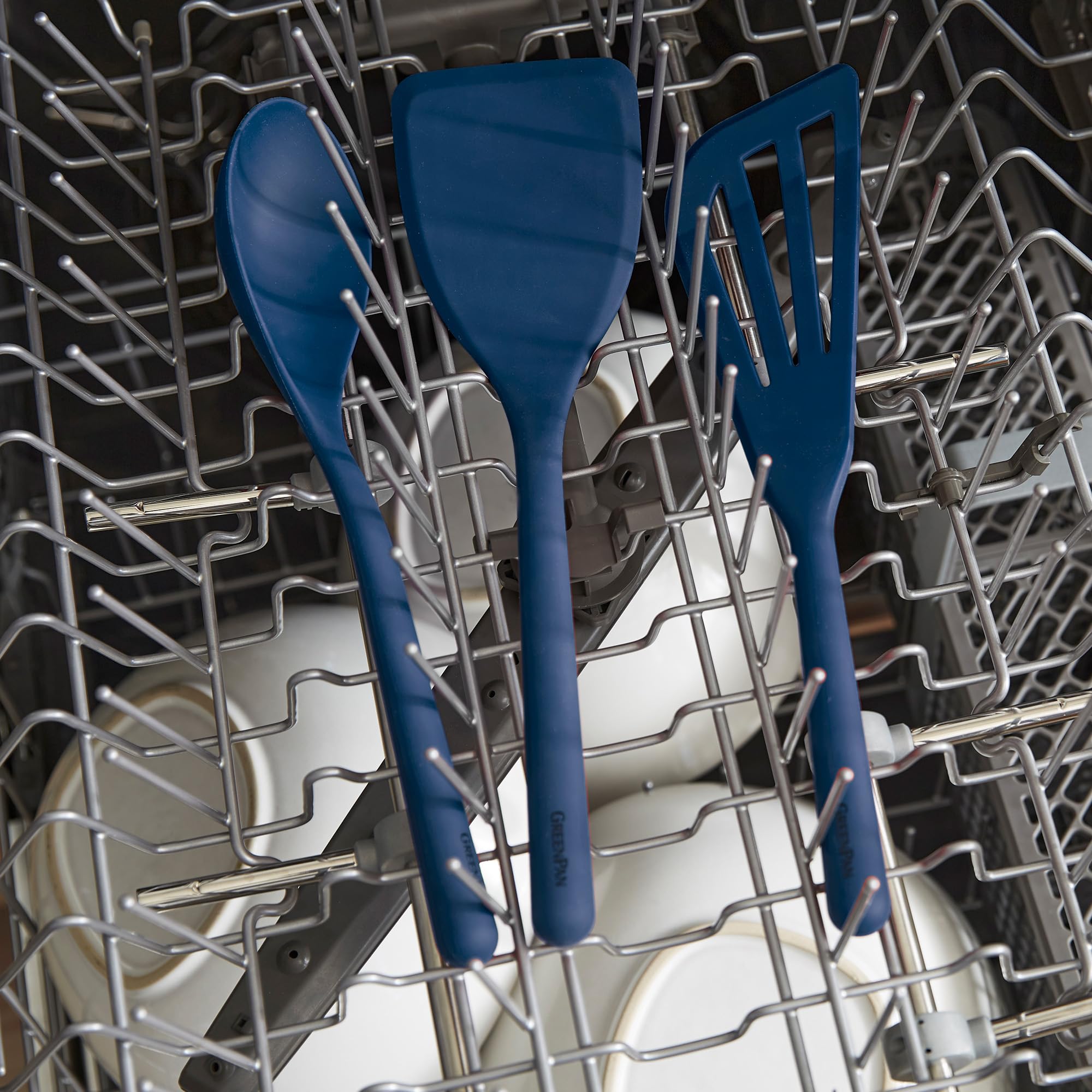 GreenPan spatula and turner in use on stovetop, protecting nonstick pan benefit