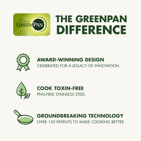 GreenPan cookware arranged on kitchen table presenting polished, serving-ready look