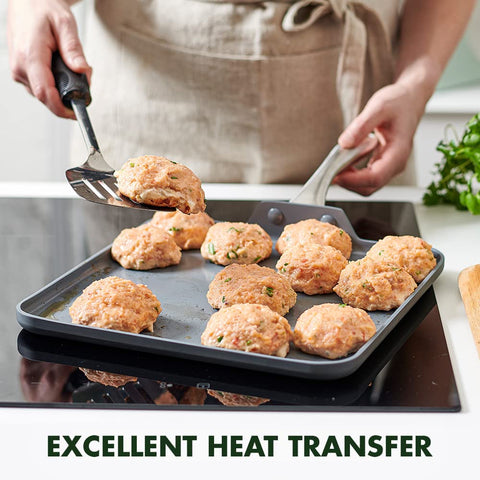 GreenPan Lima griddle cooking eggs bacon and pancakes for fast breakfast serving