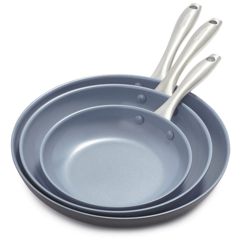 GreenPan Lima front view of three-piece set shows versatile sizes and nonstick benefit