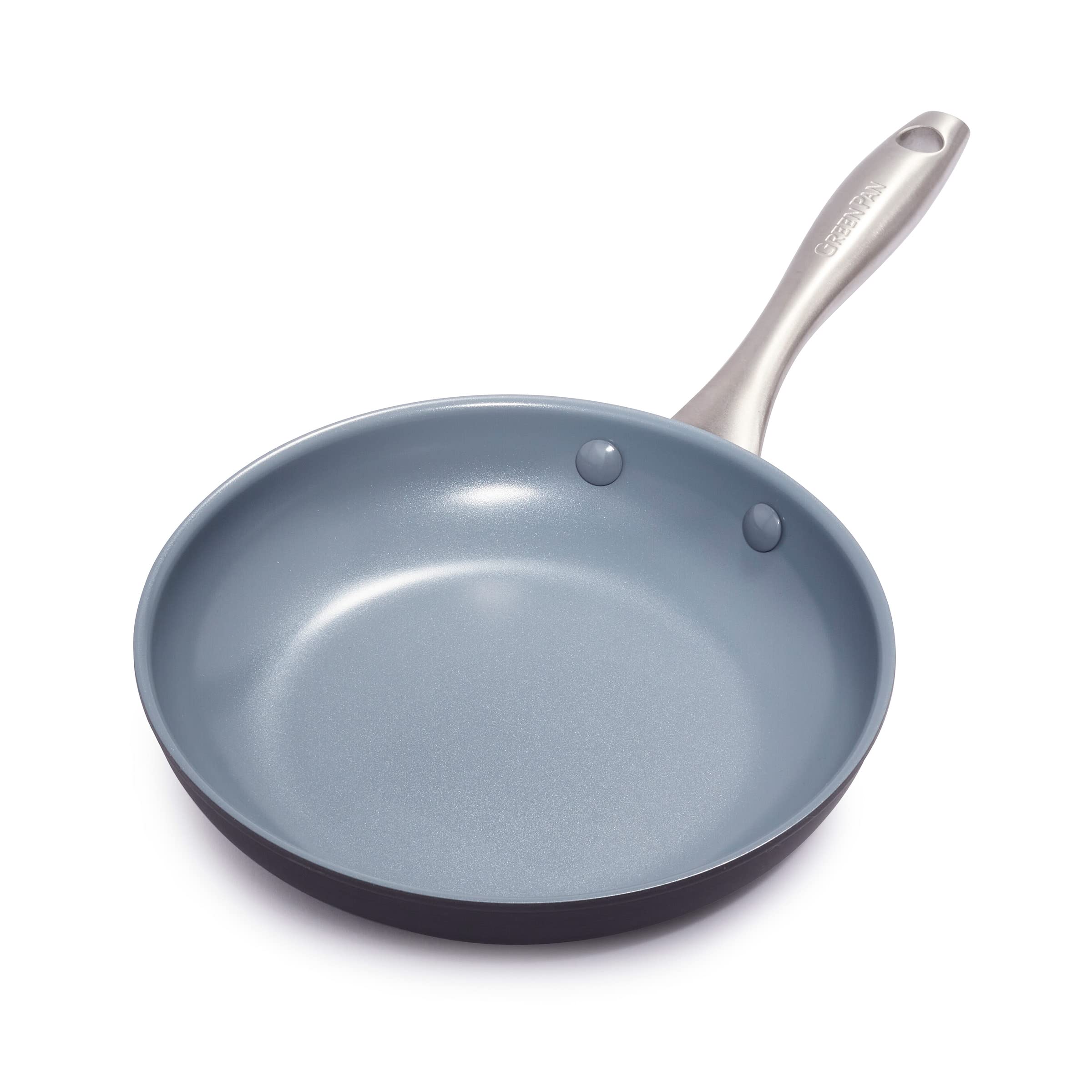 GreenPan lima front view showing sleek gray finish and rim, easy cleaning benefit