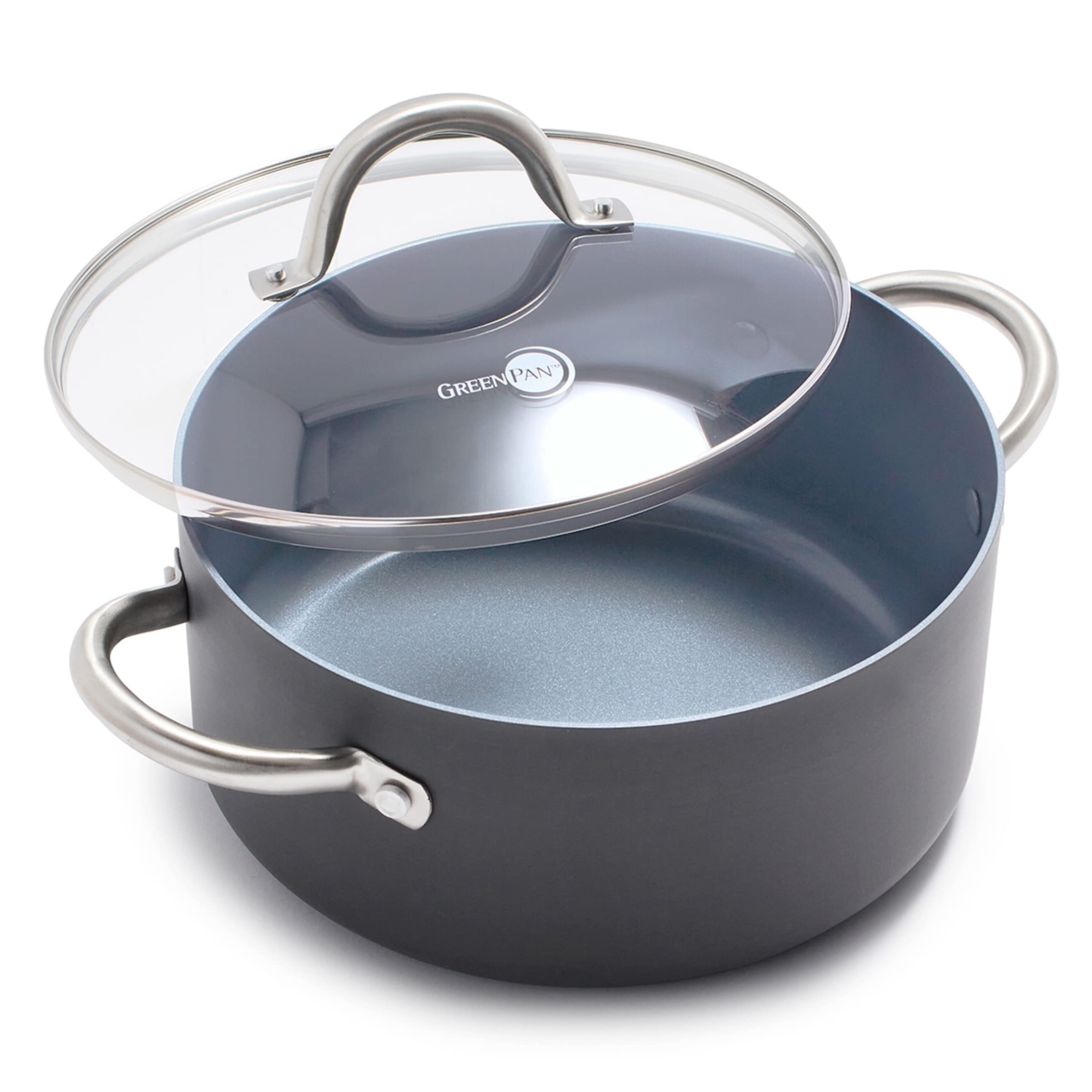 GreenPan Lima front view showing compact 5.2QT pot and lid, durable everyday cookware