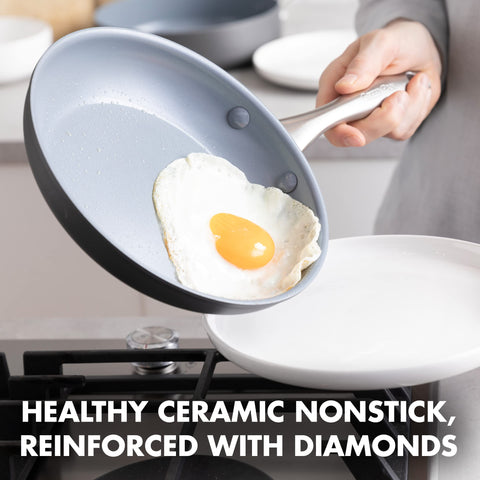 GreenPan lima handle close-up highlighting riveted stainless steel for secure grip