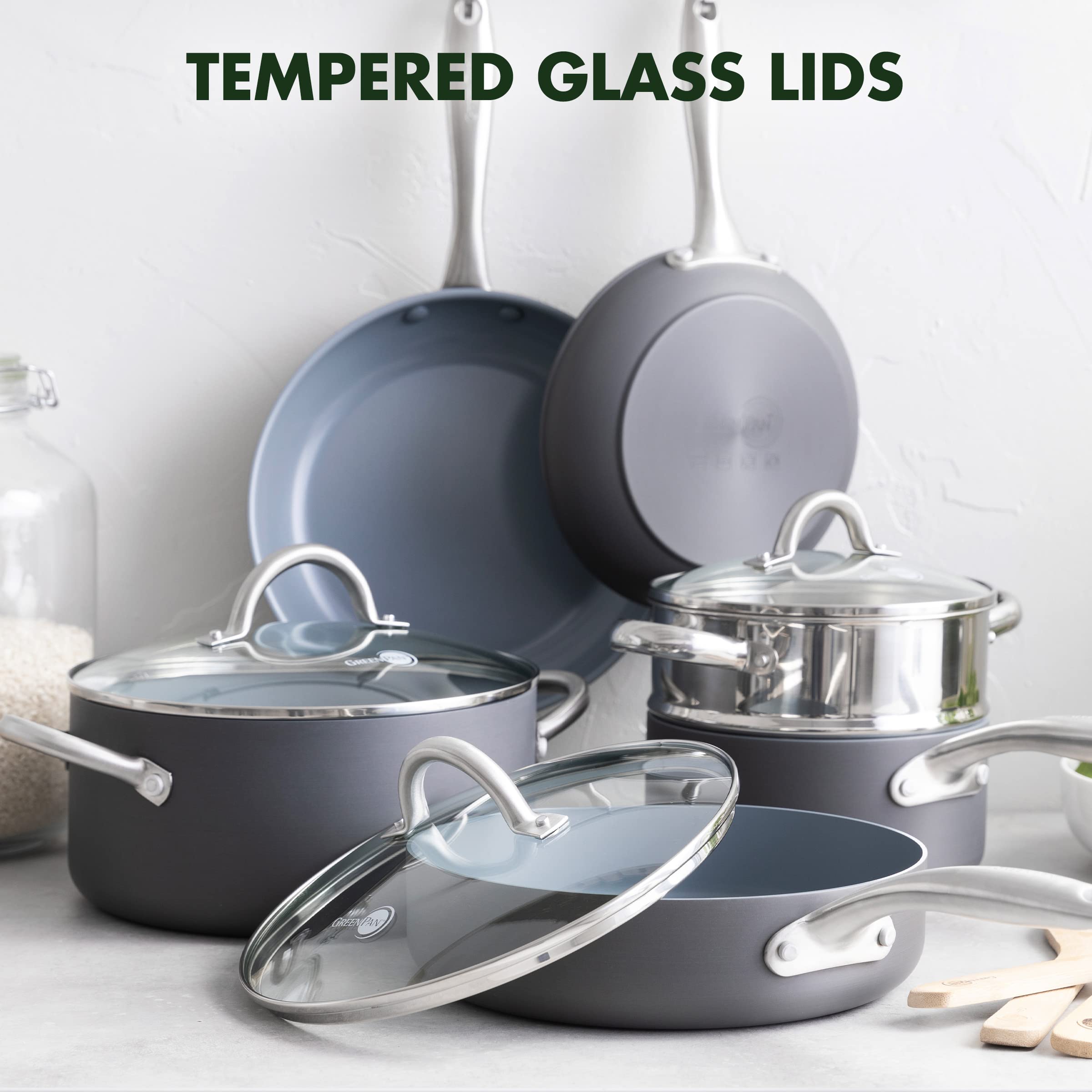 GreenPan Lima pouring from pan showing drip-free rim reduces spills