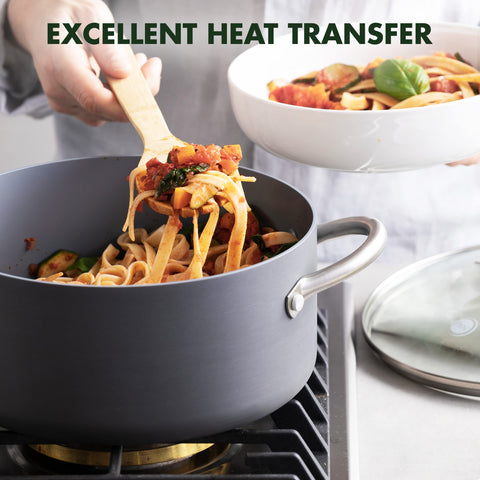 GreenPan pot beside wooden spoon for scale, spacious 5.2QT capacity for batches