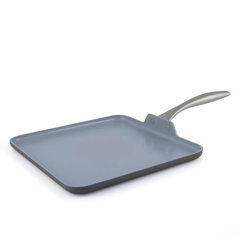GreenPan Lima griddle front view showing flat cooking area and gray finish for easy flipping