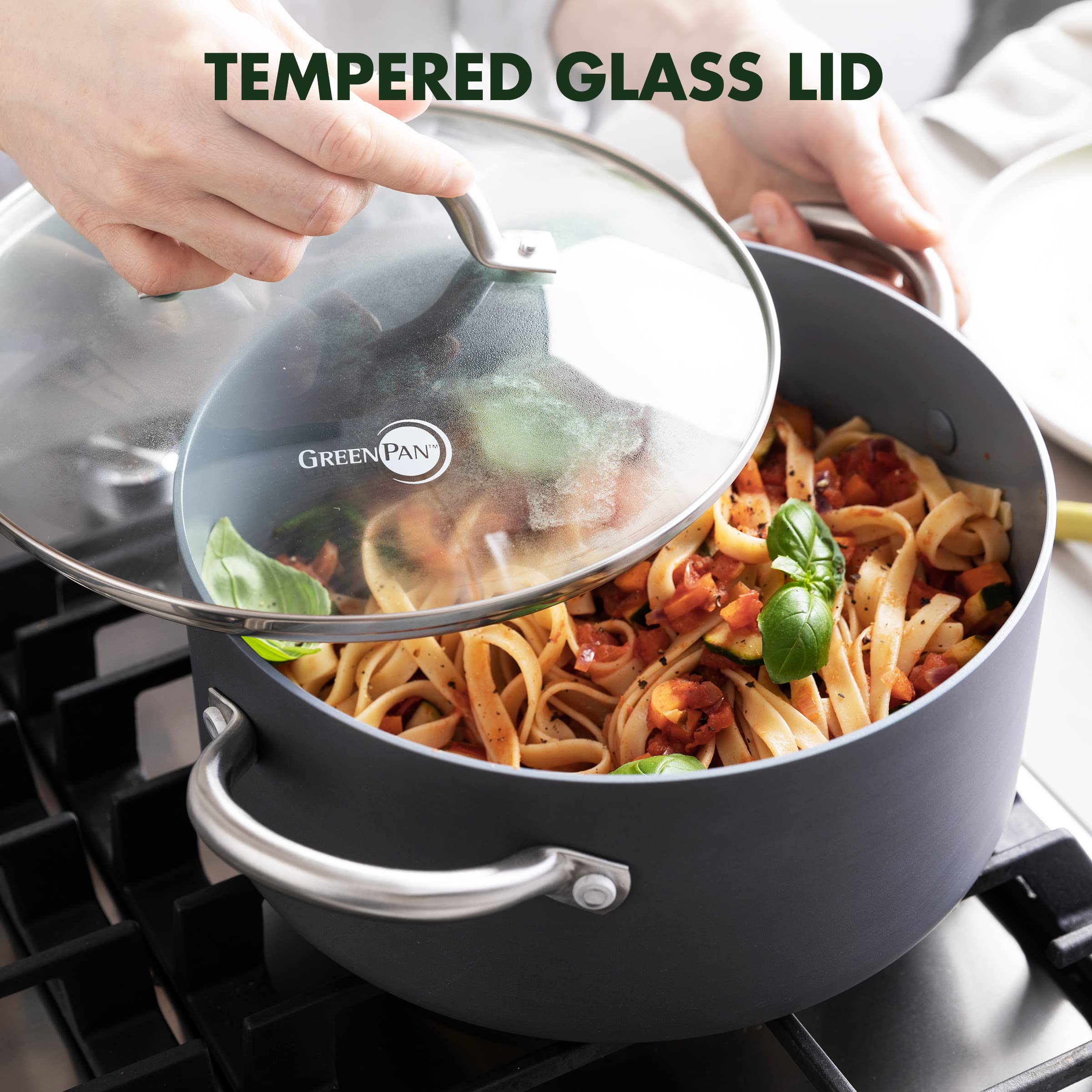 GreenPan riveted stainless steel handle detail, ergonomic grip for safe lifting