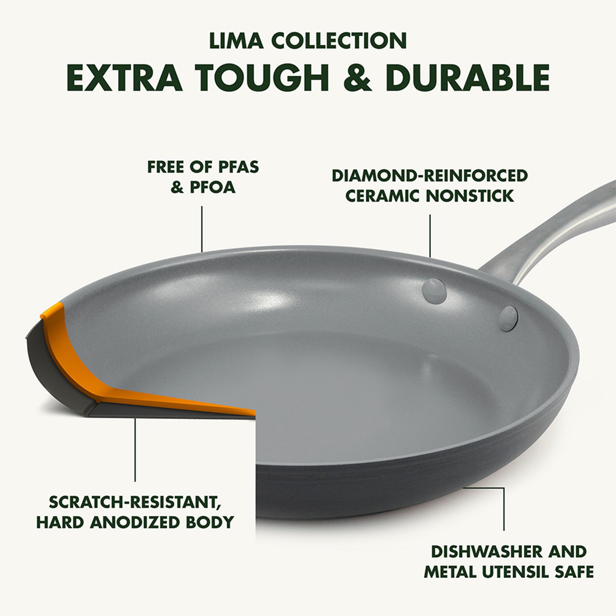 GreenPan Lima contoured stainless steel handle for comfortable grip