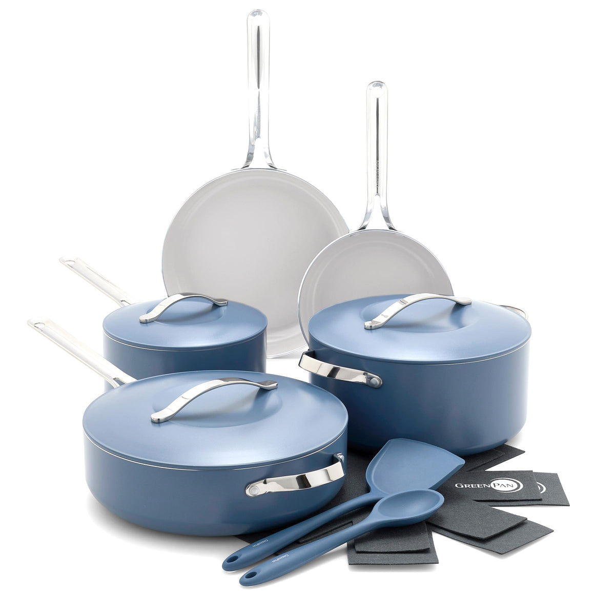 GreenPan front packaging in ocean blue showing full 10-piece set and benefits