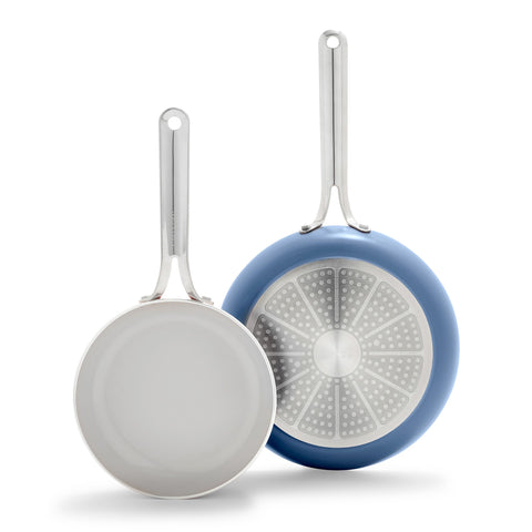 GreenPan Nova front packaging in ocean blue showing two pans and benefits