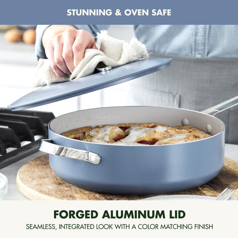 GreenPan sauté pan on stovetop searing food for even quick heating