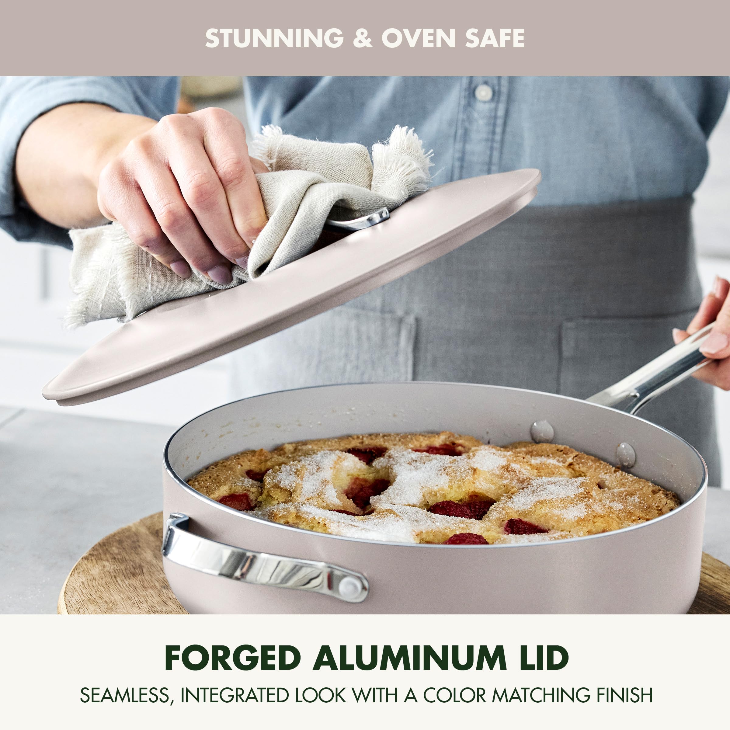 GreenPan lid divot used as utensil rest reducing mess during cooking