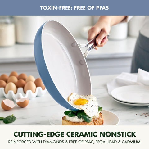 GreenPan stacked pots showing sizes and space-saving storage advantage