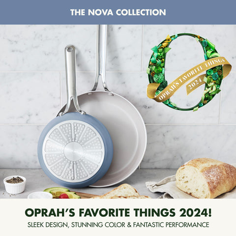 GreenPan Nova top-down view of 8-inch and 10-inch pans for cooking versatility