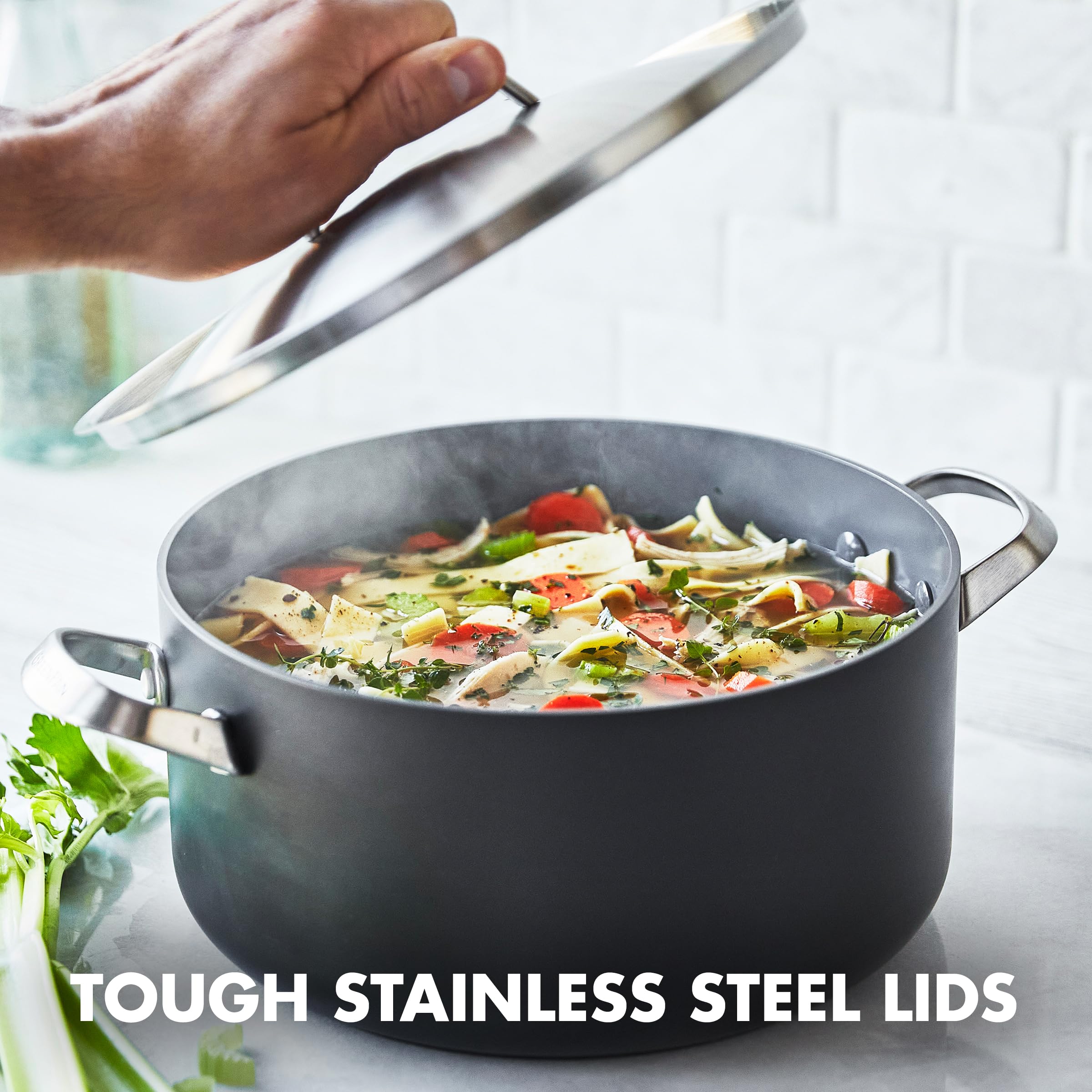 GreenPan Paris Pro sauté pan cooking pasta to show everyday meal use