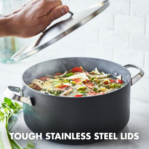 GreenPan Paris Pro sauté pan cooking pasta to show everyday meal use