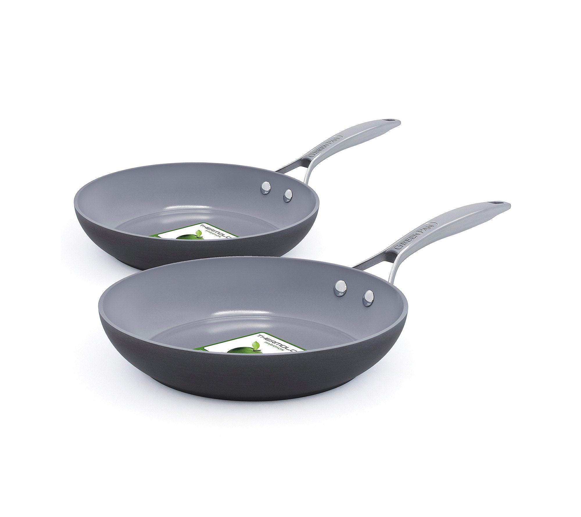 GreenPan Paris Pro set front view showing two pans and durable finish benefit