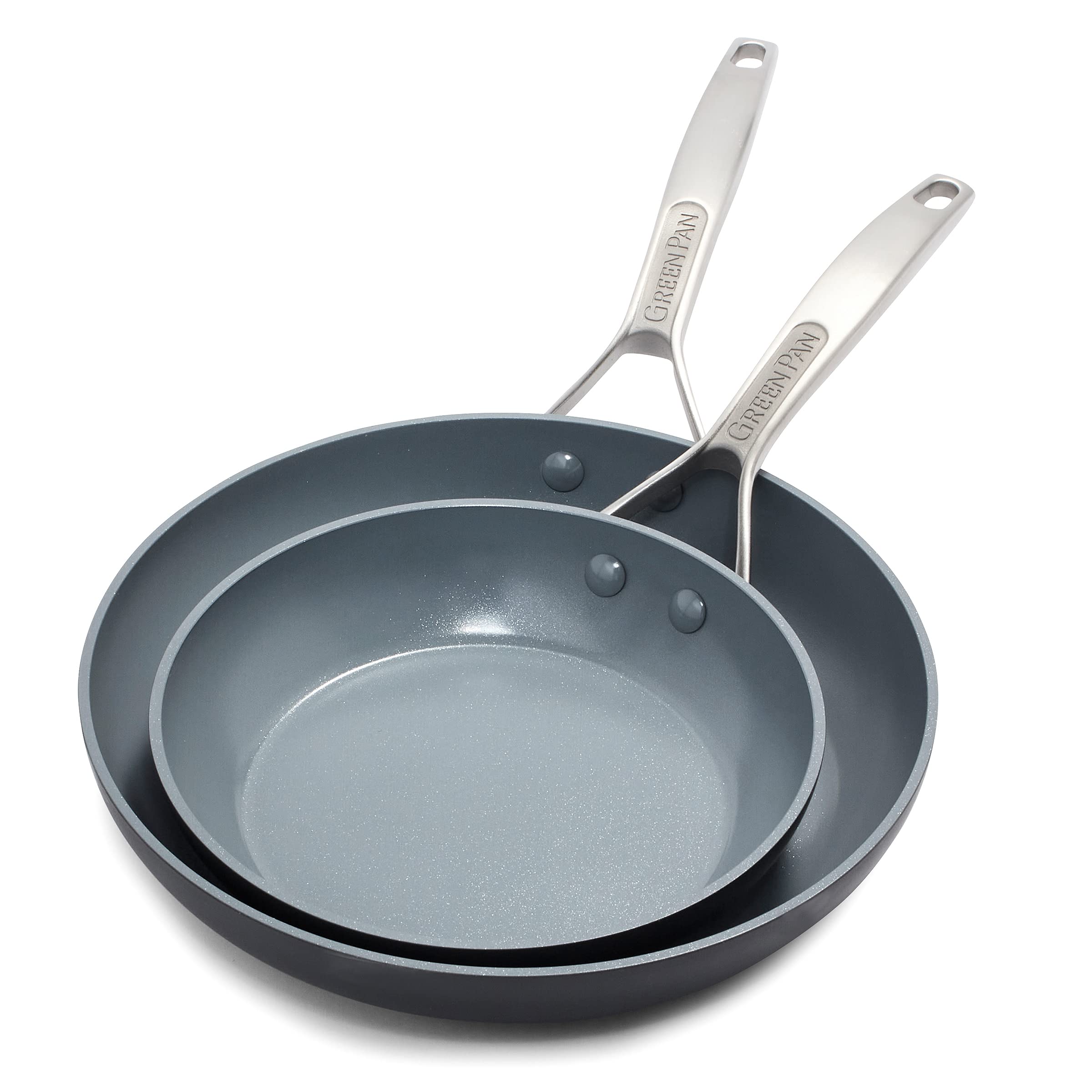 GreenPan front view of Paris Pro set showing pans and packaging, highlights durability