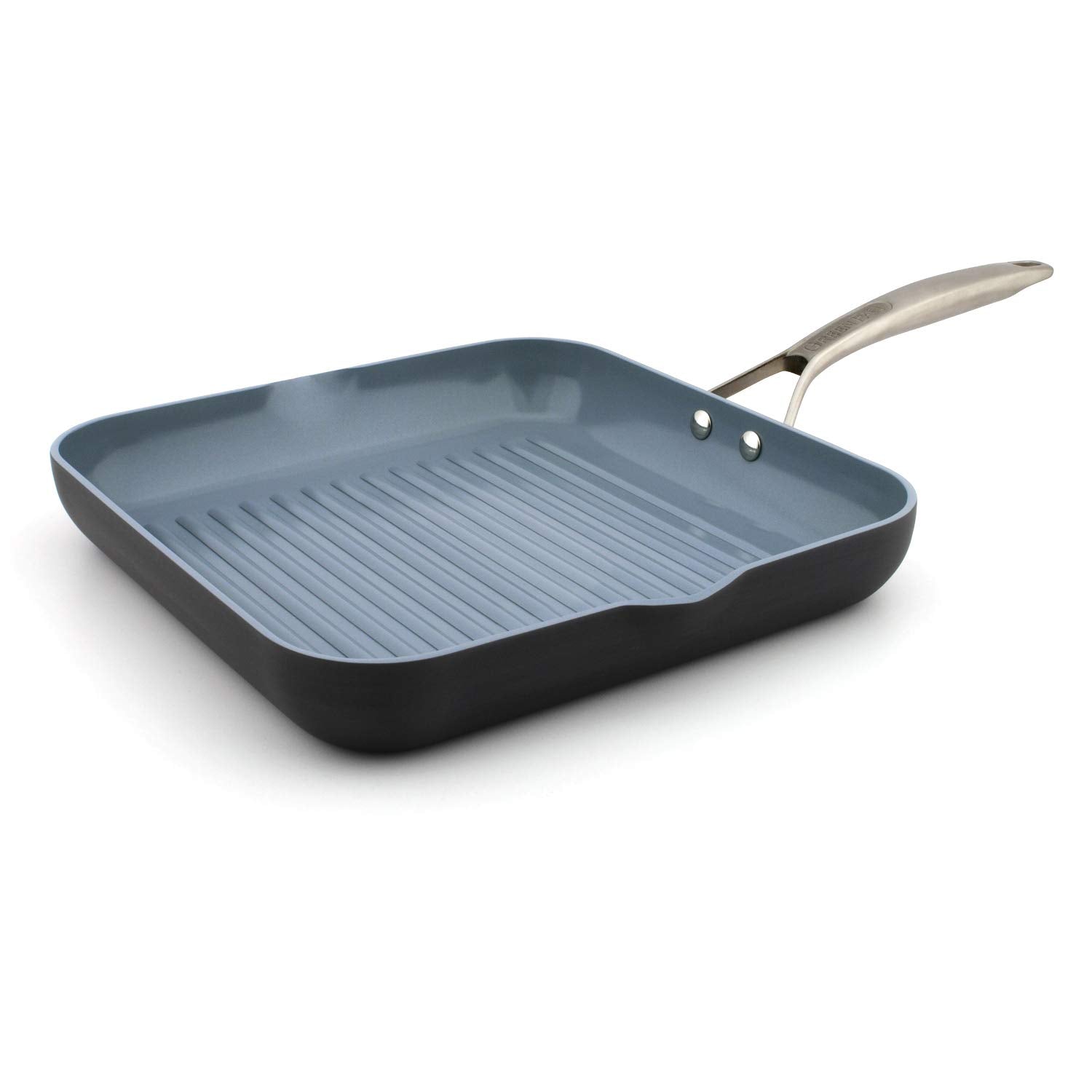 GreenPan Paris Pro front view showing square grill pan and sleek grey finish for even searing