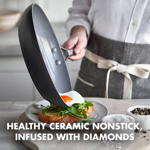 GreenPan Paris Pro close-up of riveted stainless handle for a secure grip