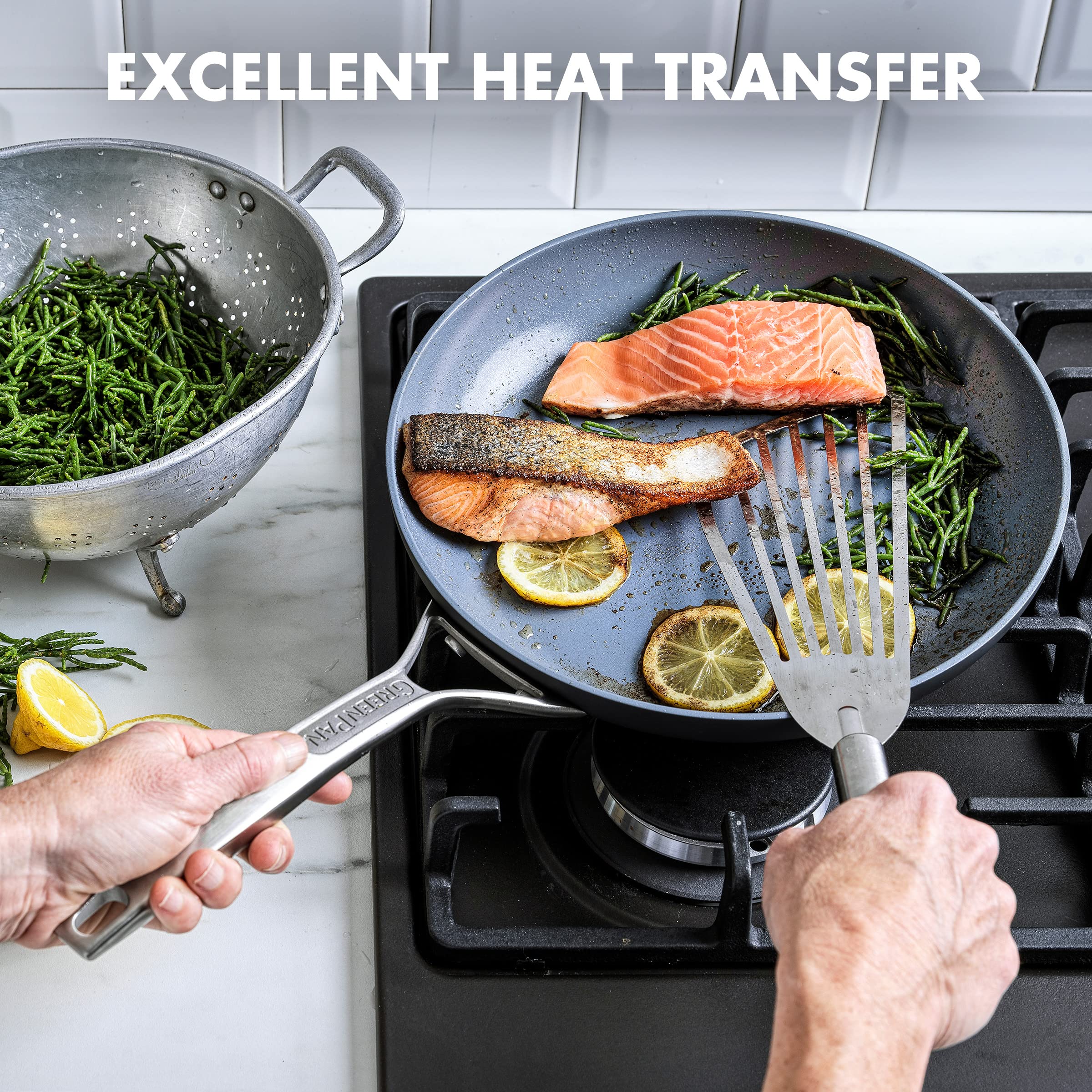 GreenPan Paris Pro frying pan sautéing vegetables on stovetop for even cooking