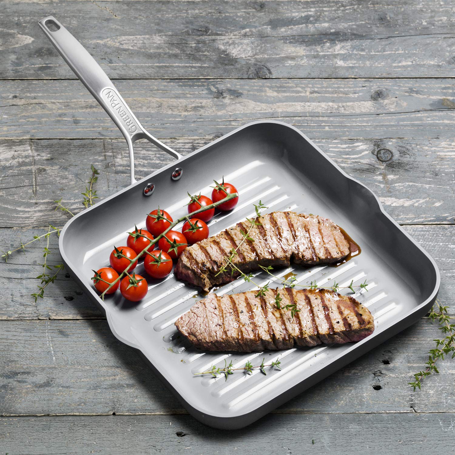 GreenPan Paris Pro ridge close-up highlighting diamond-reinforced ceramic coating and durable grill marks