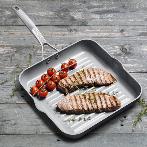 GreenPan Paris Pro ridge close-up highlighting diamond-reinforced ceramic coating and durable grill marks