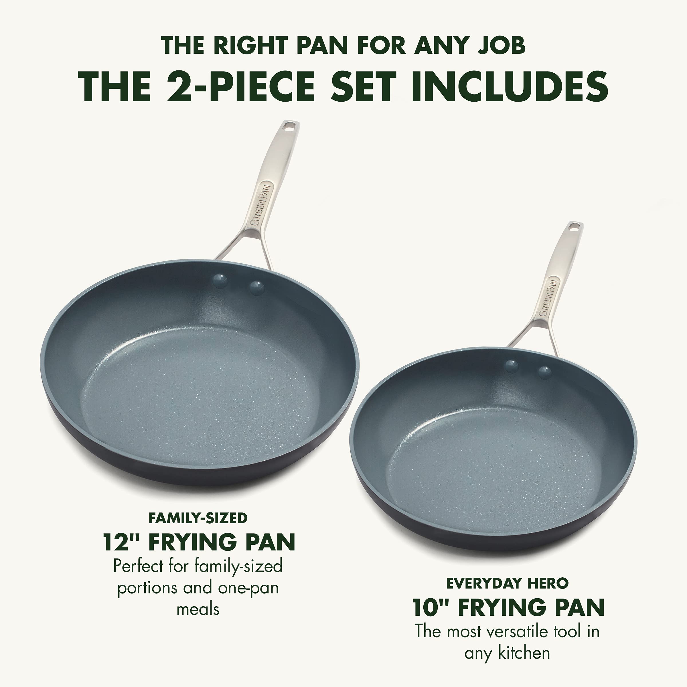 GreenPan 10-inch and 12-inch pans side profile, demonstrating size and stovetop fit