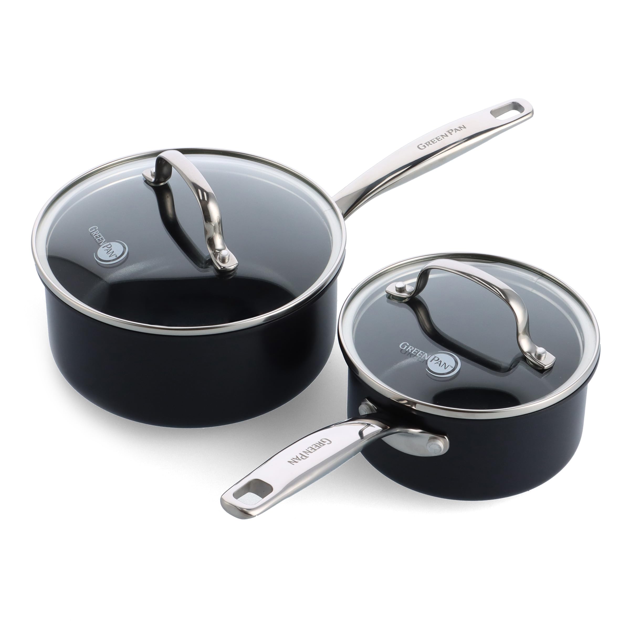 GreenPan saucepan set front view showing both pans and lids for versatile cooking