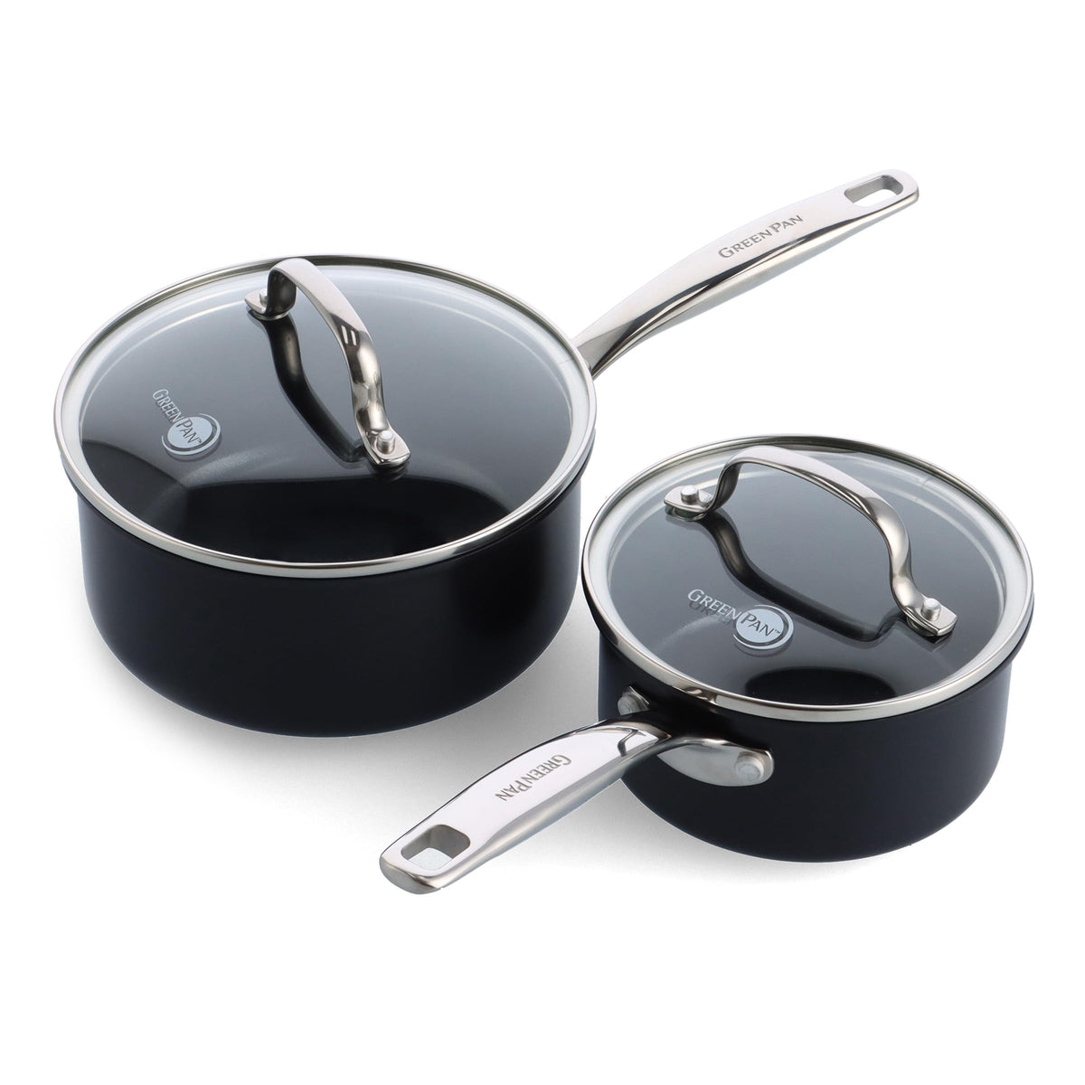 GreenPan saucepan set front view showing both pans and lids for versatile cooking