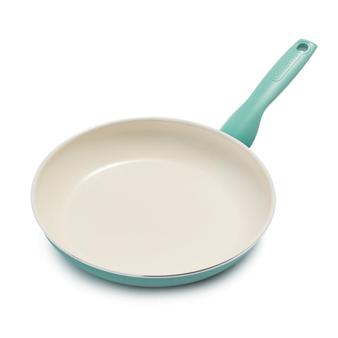 GreenPan Rio front view showing turquoise skillet and clear product finish for vibrant cooking