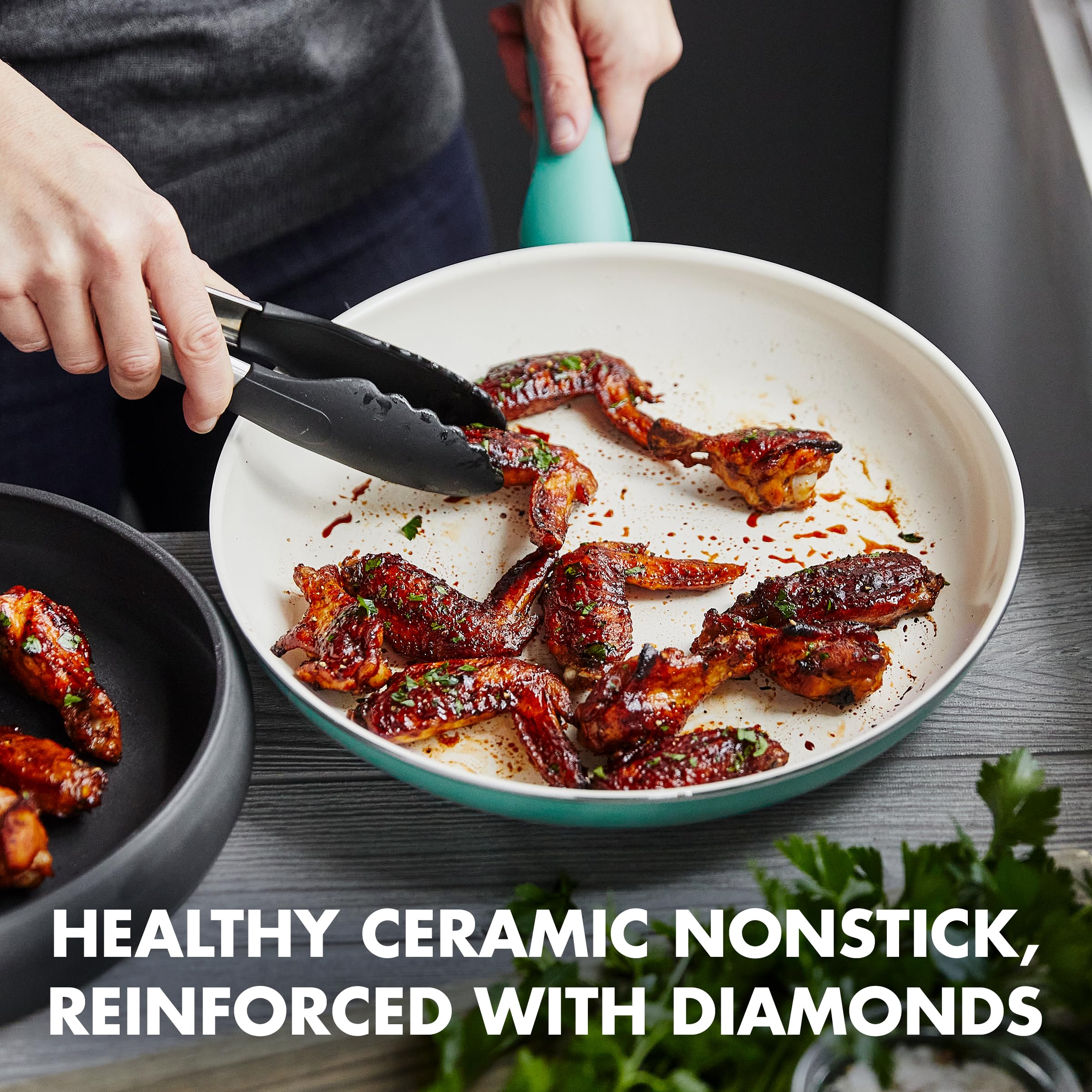 GreenPan Rio top view of 10 inch nonstick surface demonstrating easy release for eggs