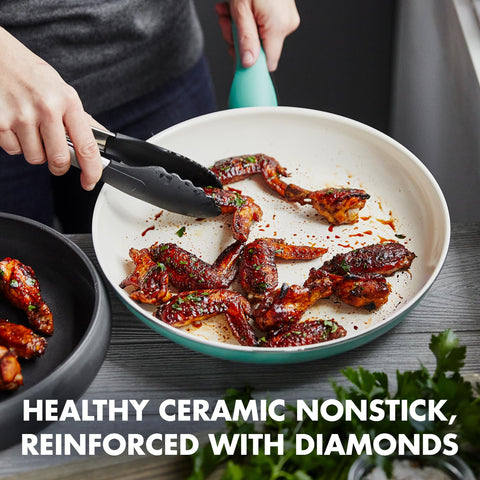GreenPan Rio top view of 10 inch nonstick surface demonstrating easy release for eggs