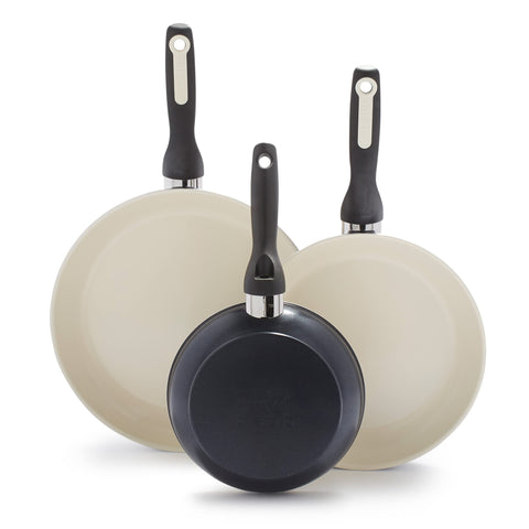 GreenPan Rio front view of three frypans showing sizes and color, stylish and functional