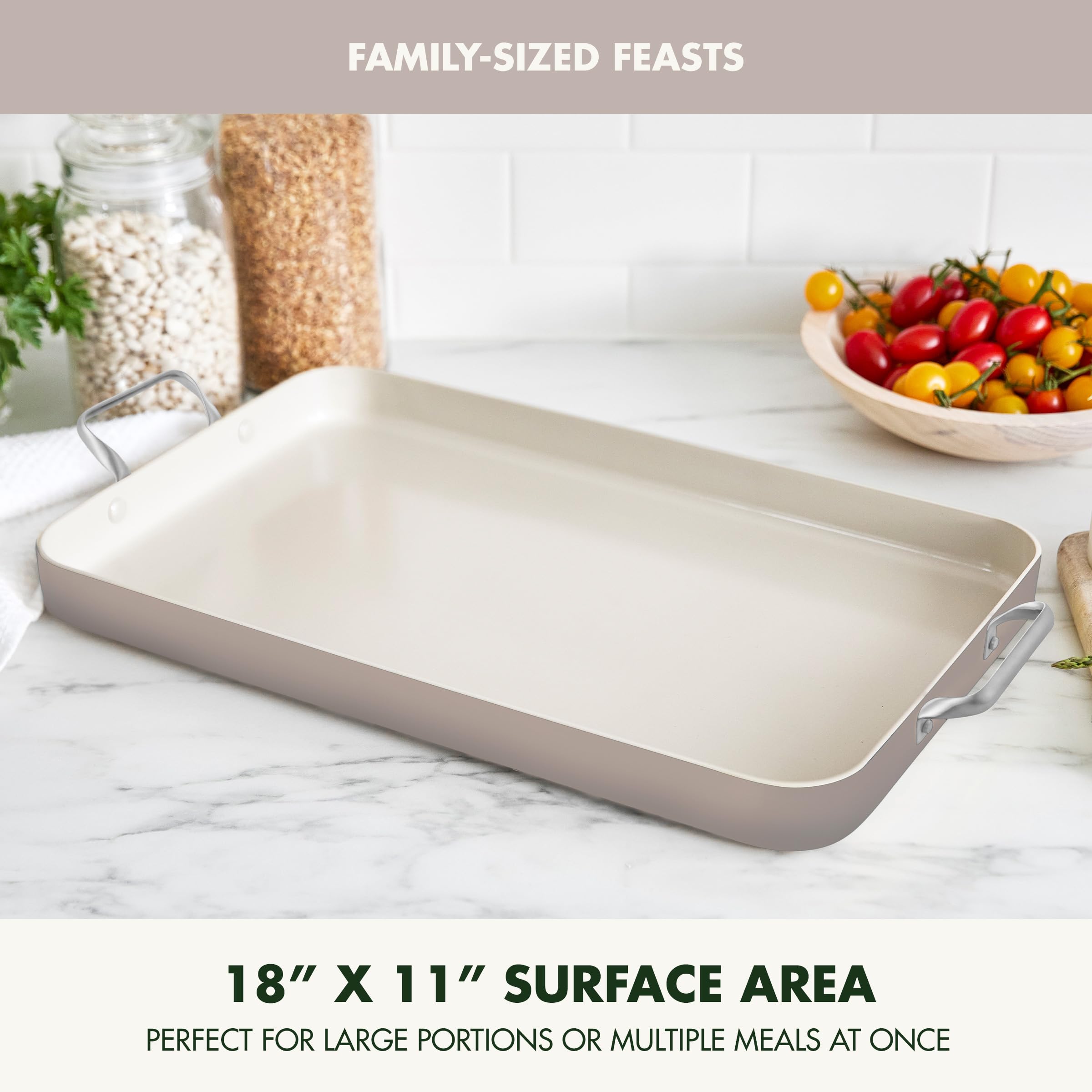GreenPan Rio ceramic surface close-up showing texture and diamond reinforcement, durability benefit
