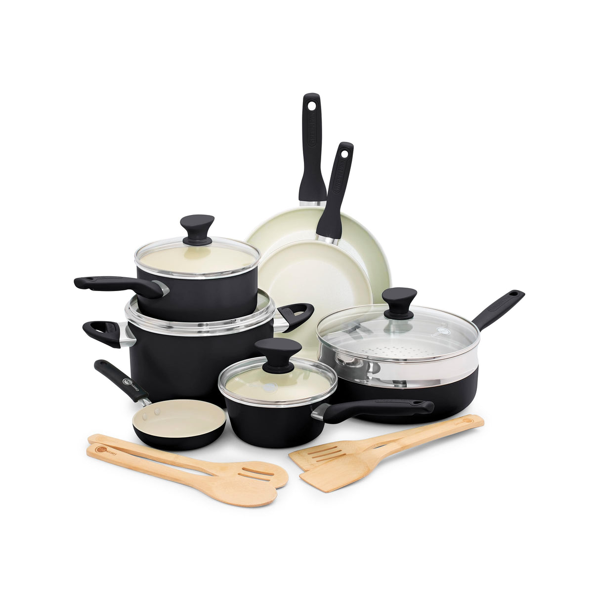 GreenPan Rio full 16-piece set front view showing cookware and lids, useful for kitchen readiness
