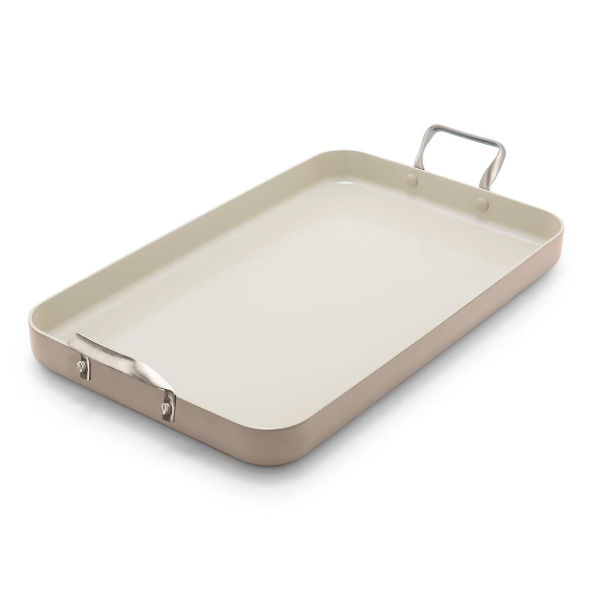 GreenPan Rio front view showing taupe finish and wide cooking area, durable design benefit