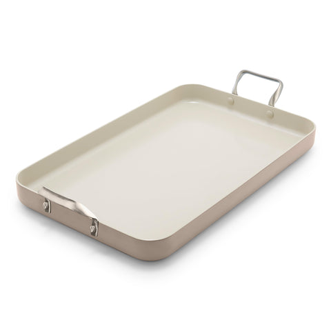 GreenPan Rio front view showing taupe finish and wide cooking area, durable design benefit